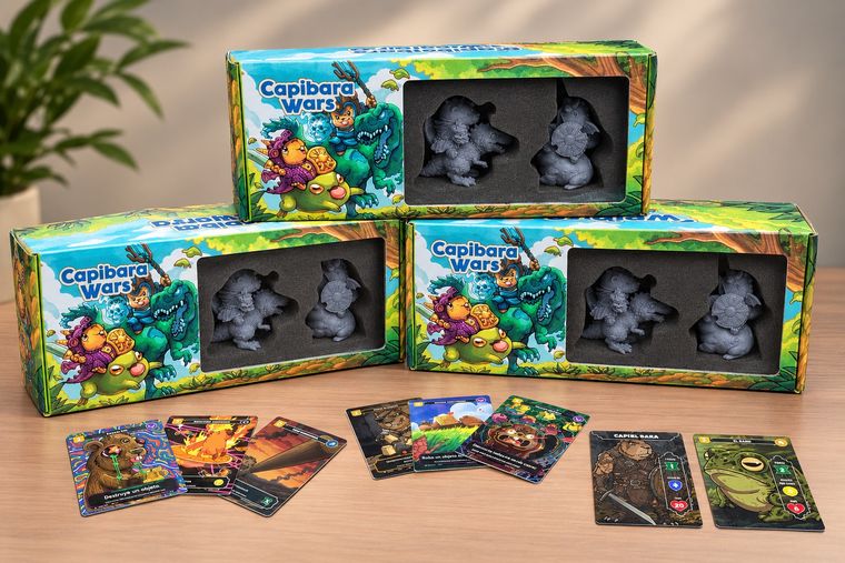 Cajas de Capibara Wars con miniaturas y cartas